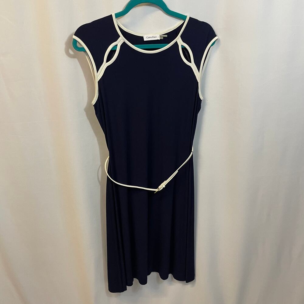 Calvin Klein Navy Blue White Piping Belted Fit & Flare Cap Sleeve Dress 4